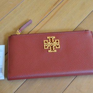 Tory Burch Tan Leather Card Holder with Gold Emblem